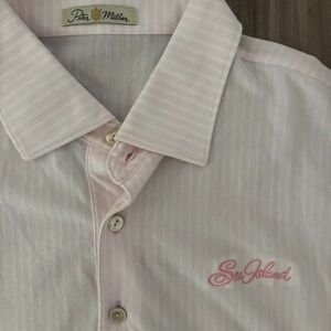 Peter Millar pink polo shirt with Sea Island embroidery. Size L